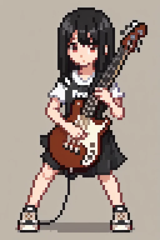 1 girl, black hair,whole body, Pixel World, No background、play a brown electric bass、wear sneakers