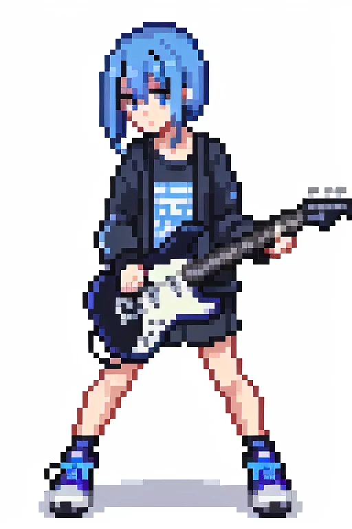1 girl, blue hair,whole body, Pixel World, No background、holding a black electric guitar、wear sneakers