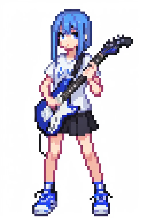 1 girl, blue hair,whole body, Pixel World, No background、holding a black electric guitar、wear sneakers