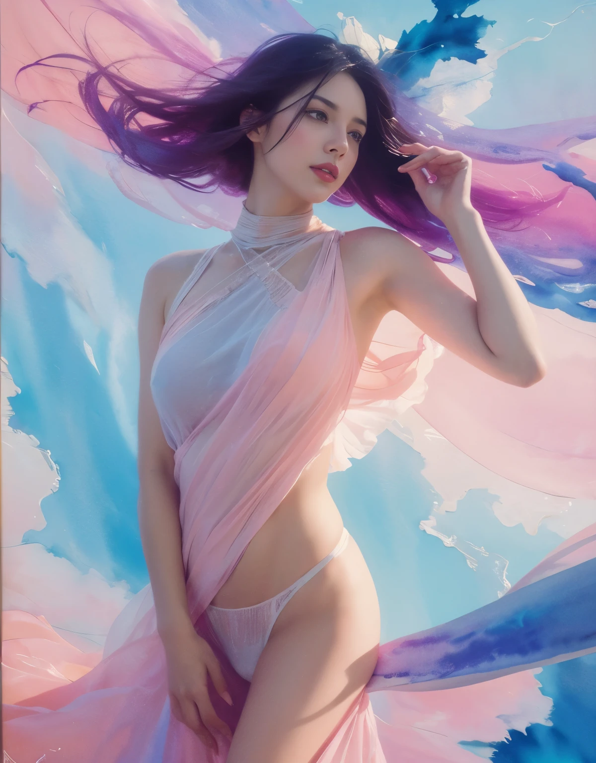 1girl,flower, Lisianthus ,in the style of light pink and light azure, dreamy and romantic compositions, pale pink, ethereal foliage, playful arrangements,fantasy, high contrast, ink strokes, explosions, over exposure, purple and red tone impression , abstract, ((watercolor painting by John Berkey and Jeremy Mann )) brush strokes, negative space, whimsical fantasy malcolm liepke oil painting style,sexy women,detailed facial features,long flowing hair,alluring gaze,sensual lips,seductive curves,feminine beauty,colorful palette,expressive brushwork,romantic atmosphere,soft lighting,vibrant colors,sophisticated elegance,implied narrative,glimpse of vulnerability,playful confidence,dynamic poses,mysterious allure,subtle sensuality,stunning figure,oil on canvas,graceful movement,captivating charm,artistic composition,provocative allure,evocative expressions,dramatic contrast,delicate details,total mastery of paint,impressionistic rendering,passionate intensity,alluring gaze,irresistible magnetism,sublime elegance,richly textured,visual poetry,ethereal beauty,unforgettable impact