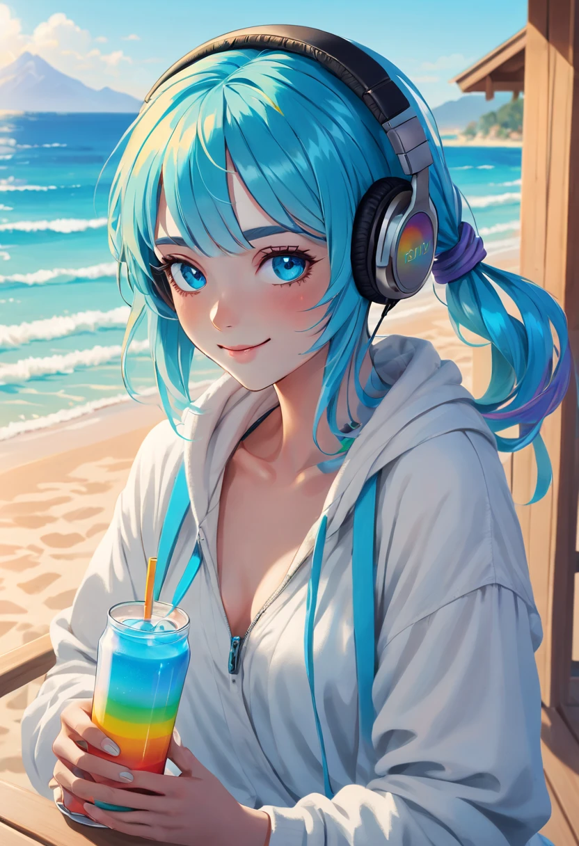 A young woman with tied-up colored Blue cyan aqua hair and eyes resembling a rainbow, listening to calm music on headphones, with a sexy smile, holding a cold drink, dressed in tropical light clothing, in a chalet at a beach. An image that inspires calmness, tranquility, lightness, simplicity, and comfort.