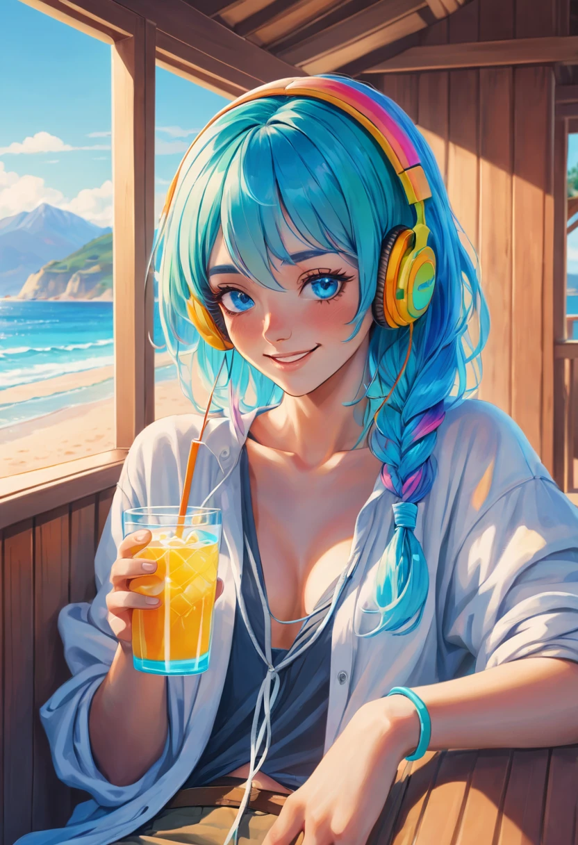 A young woman with tied-up colored Blue cyan aqua hair and eyes resembling a rainbow, listening to calm music on headphones, with a sexy smile, holding a cold drink, dressed in tropical light clothing, in a chalet at a beach. An image that inspires calmness, tranquility, lightness, simplicity, and comfort.