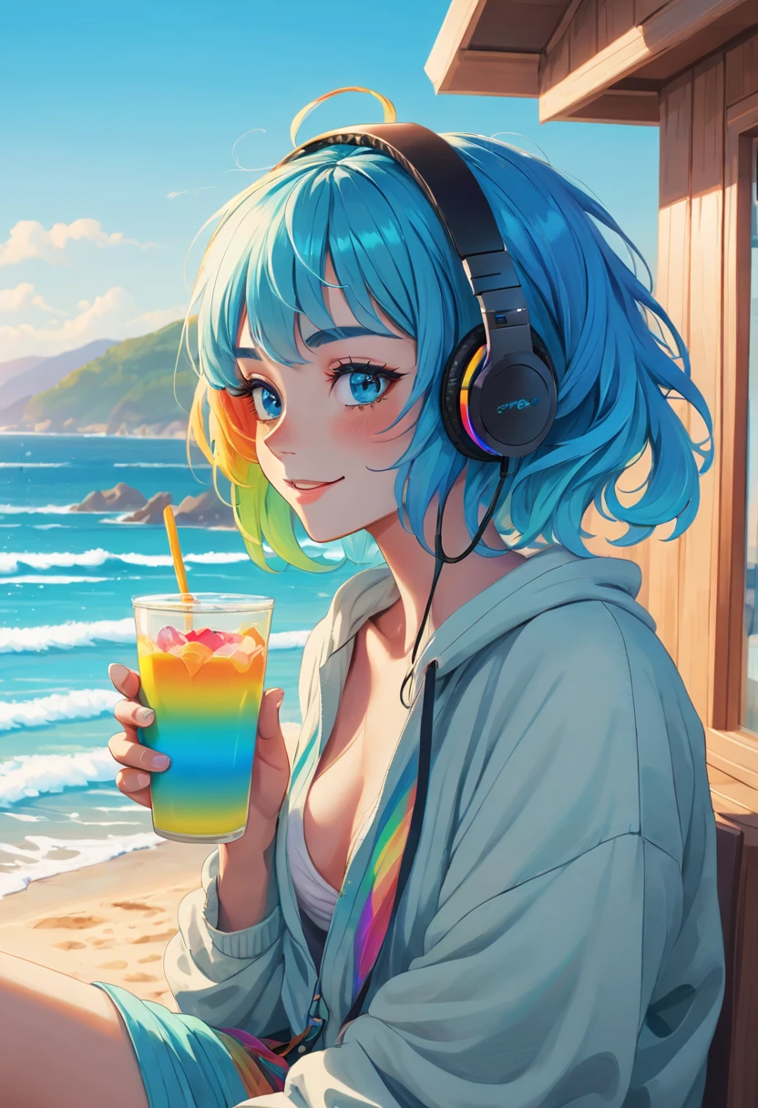A young woman with tied-up colored Blue cyan aqua hair and eyes resembling a rainbow, listening to calm music on headphones, with a sexy smile, holding a cold drink, dressed in tropical light clothing, in a chalet at a beach. An image that inspires calmness, tranquility, lightness, simplicity, and comfort.