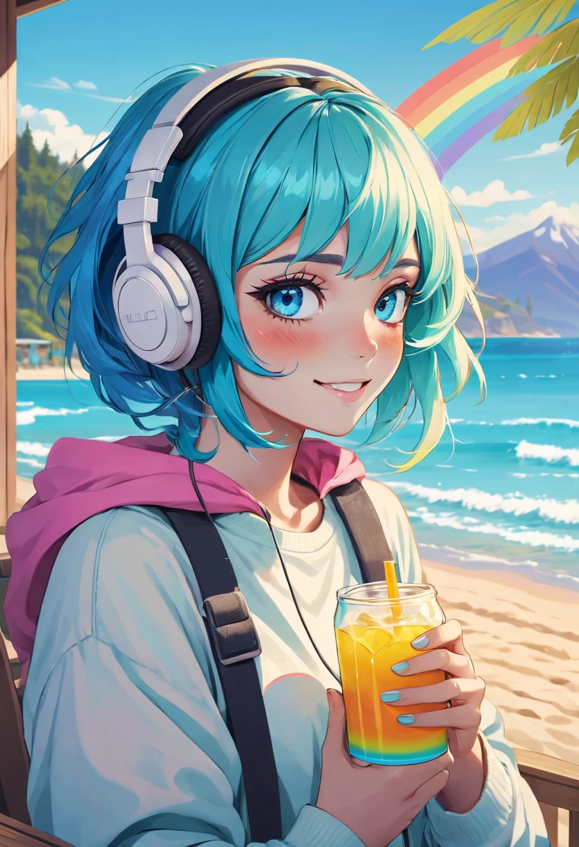 A young woman with tied-up colored Blue cyan aqua hair and eyes resembling a rainbow, listening to calm music on headphones, with a sexy smile, holding a cold drink, dressed in tropical light clothing, in a chalet at a beach. An image that inspires calmness, tranquility, lightness, simplicity, and comfort.