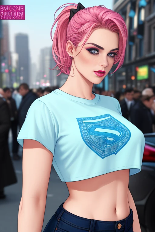 Close up of an adult supermodel woman face, at a busy cluttered (crowded city street) background, detailed background, daytime, pale blue eyes, detailed short burnt pink hair with ponytail, shaved sides haircut, freckles, blushing, (smouldering pouting expression), single eyebrow raised, eye shadow, black lipstick, pierced eyebrow, (big tits), wearing a (loose (graphic tshirt) crop top), detailed cloth folds, looking to the side, comic book style, flat colors, intricate comic book outline linework, sexy angular superheroine face