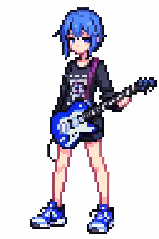 1 girl, blue hair,whole body, Pixel World, No background、holding a black electric guitar、Les paul、wear sneakers
