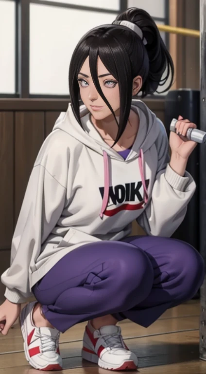 hyuuga hanabi, ponytail, hana, purple eyes, beautiful woman, beautiful, perfect body, perfect breasts, wearing a white Adidas hoodie, black jogger pants, wearing white Nike Jordan shoes, at the gym, barbell, looking at the audience, a small smile, realism, masterpiece, textured leather, super detailed, high detail, high quality, best quality, 1080p, 16k