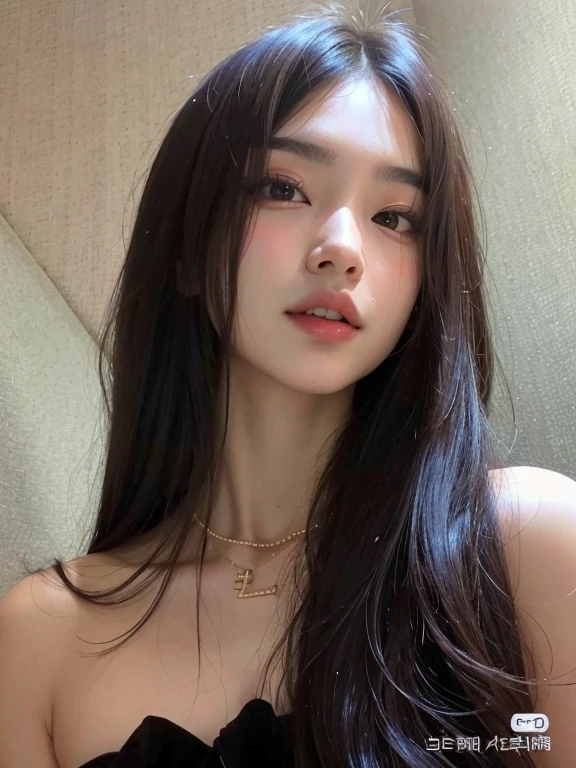 um close up de uma mulher com cabelos longos usando um vestido preto, linda mulher sul-coreana, coreana, linda jovem coreana, linda jovem coreana, Jinyoung Shin, Ulzzang, jaeyeon nam, Heonhwa Choe, asian features, Asian with long hair, taejune kim, young lovely korean face, gongbi, Korean facial features