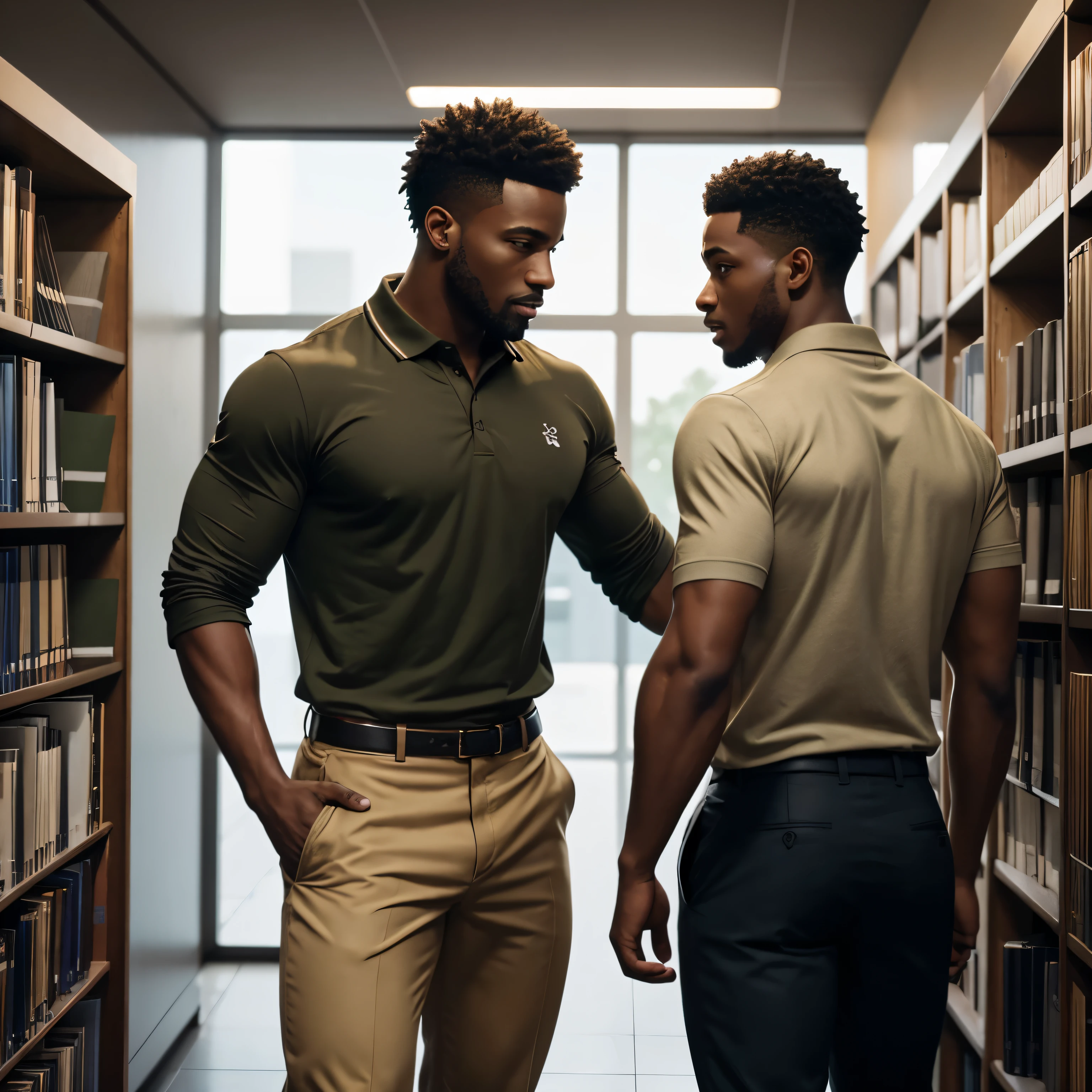 handsome biracial black jock talking to skinny nerdy nerdy skinny black guy in library, high detail, business casual attire, 8k, mystical, magical, ultra hd, realistic, vivid colors, highly detailed, UHD drawing, pen and ink, perfect composition, beautifully detailed intricate insanely detailed octane rendering trending on artstation, 8k artistic photography, photorealistic concept art, soft natural volumetric cinematic perfect light, huge manly bubble butt, muscle butt in khaki pants, highly detailed and perfect face, polo shirt, realistic hands, tucked shirts