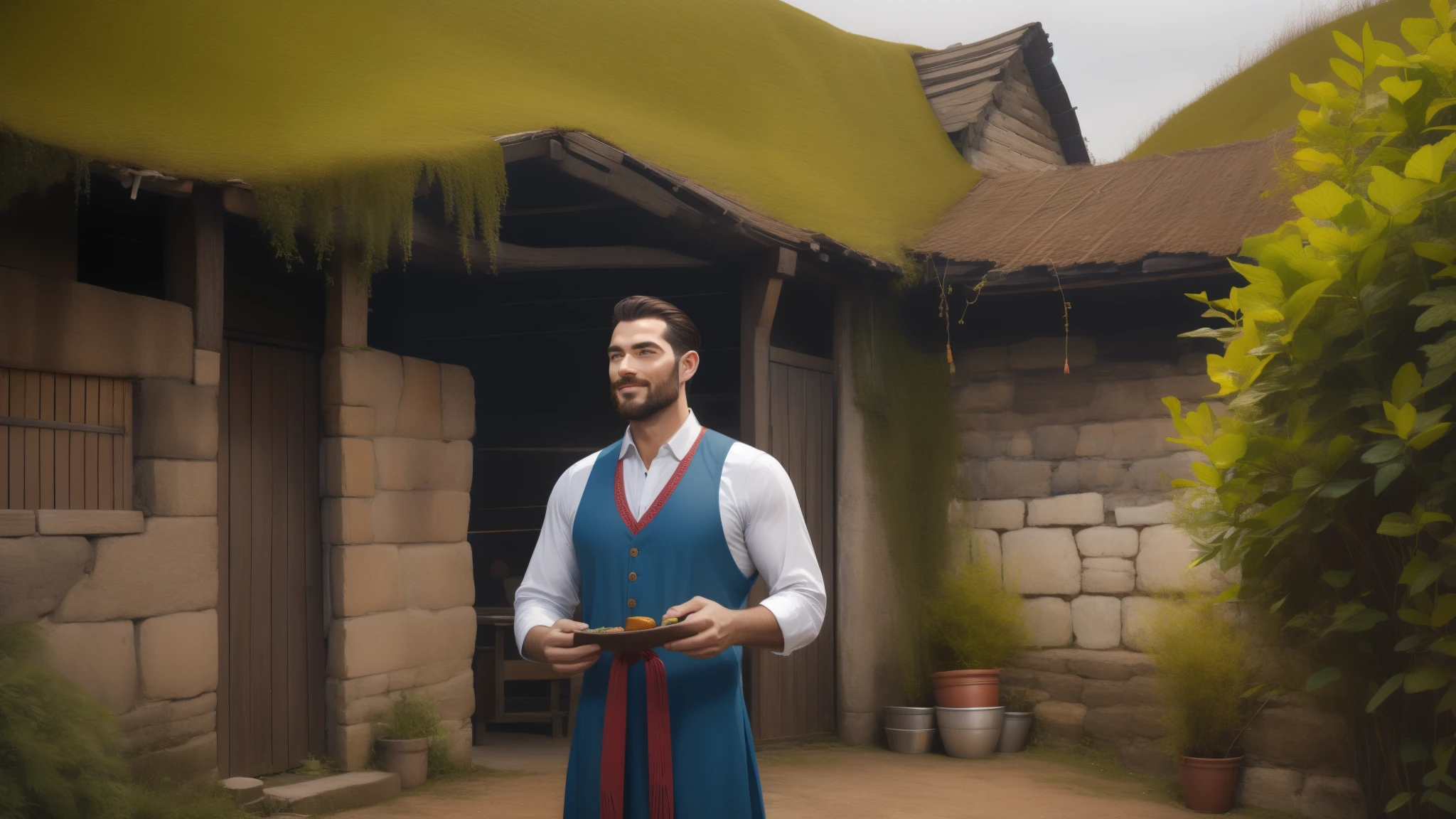  a man in peasant clothes, holding magic portions