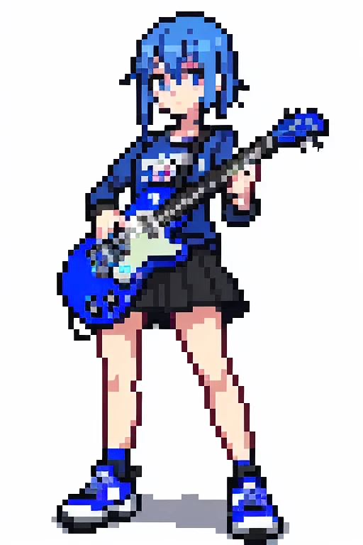 1 girl, blue hair,whole body, Pixel World, No background、holding electric guitar、black les paul、wear sneakers