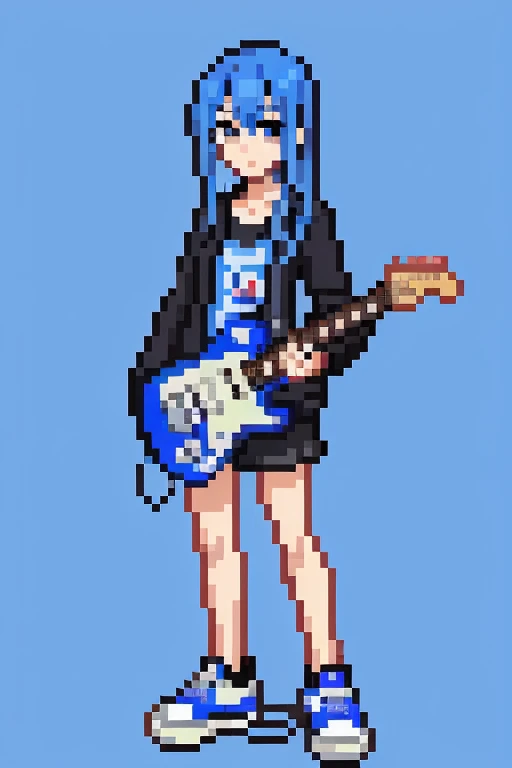1 girl, blue hair,whole body, Pixel World, No background、holding electric guitar、black les paul、wear sneakers