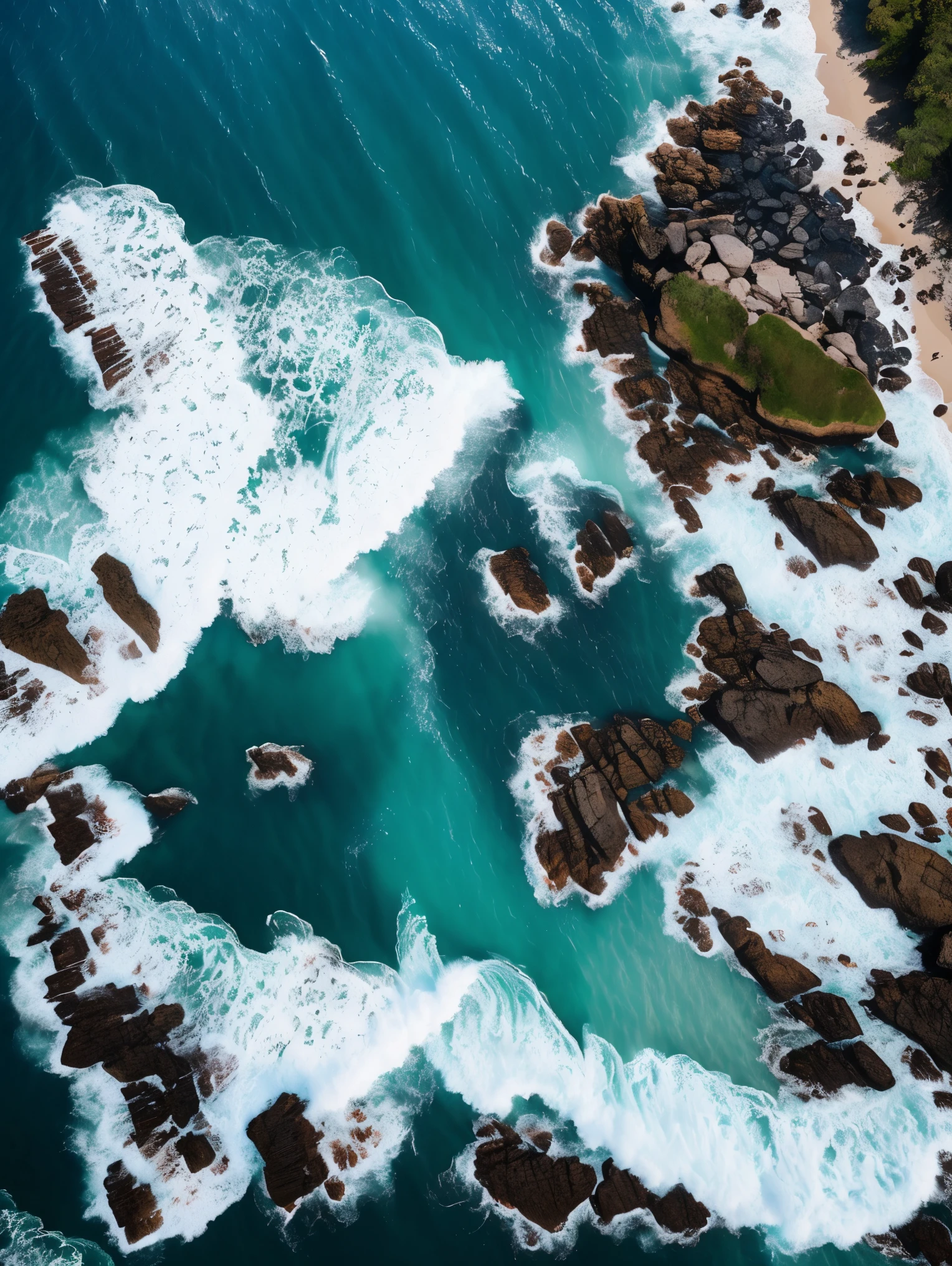 An aerial photograph of ocean waves crashing dramatically into a rock jetty. The sky is very clear and the sun shines with blues and greens in the picture. Very high detailed and photorrealistic. Hyperrealistic and life like. 8K, Photography, shot with a Canon EOS 5D Mark IV and 24-70mm f/2.8L II USM lens