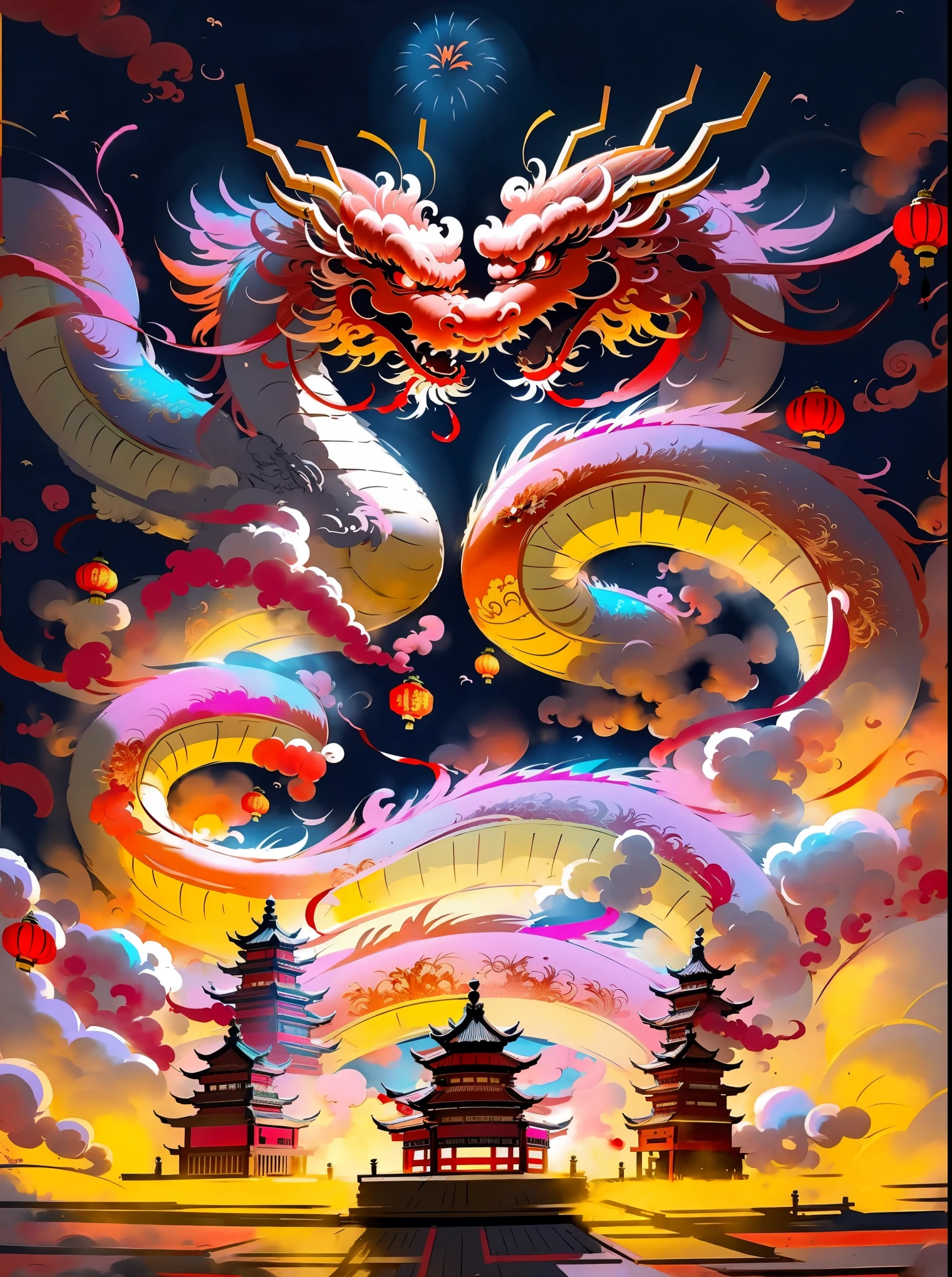 Chinese dragon, Eastern dragon, celebrate Chinese New Year, Chinese New Year atmosphere, traditional Chinese festival, joyful, firecrackers, fireworks, cultural heritage, ancient, majestic, vibrant colors, intricate details, auspicious, traditional costumes, dragon dance, lanterns, family reunion, happiness