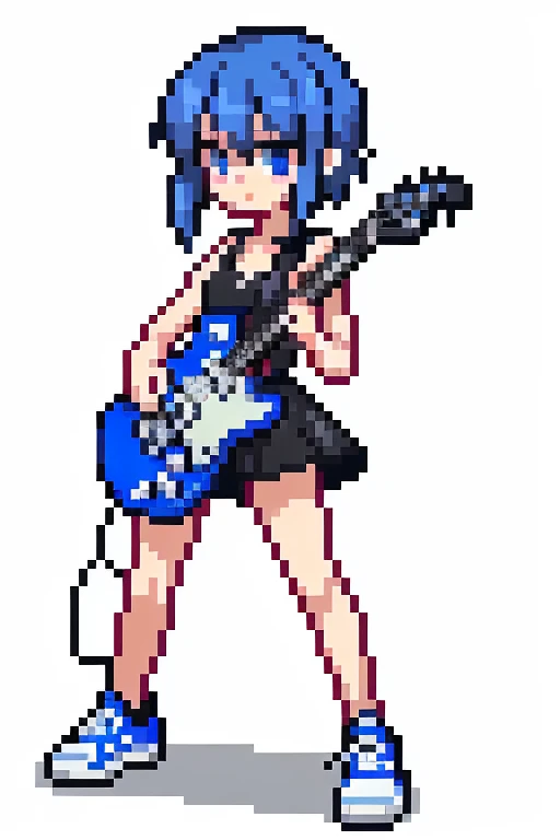 Pixel World, No background、1 girl, blue hair,whole body, holding a black electric guitar、black les paul、wear sneakers