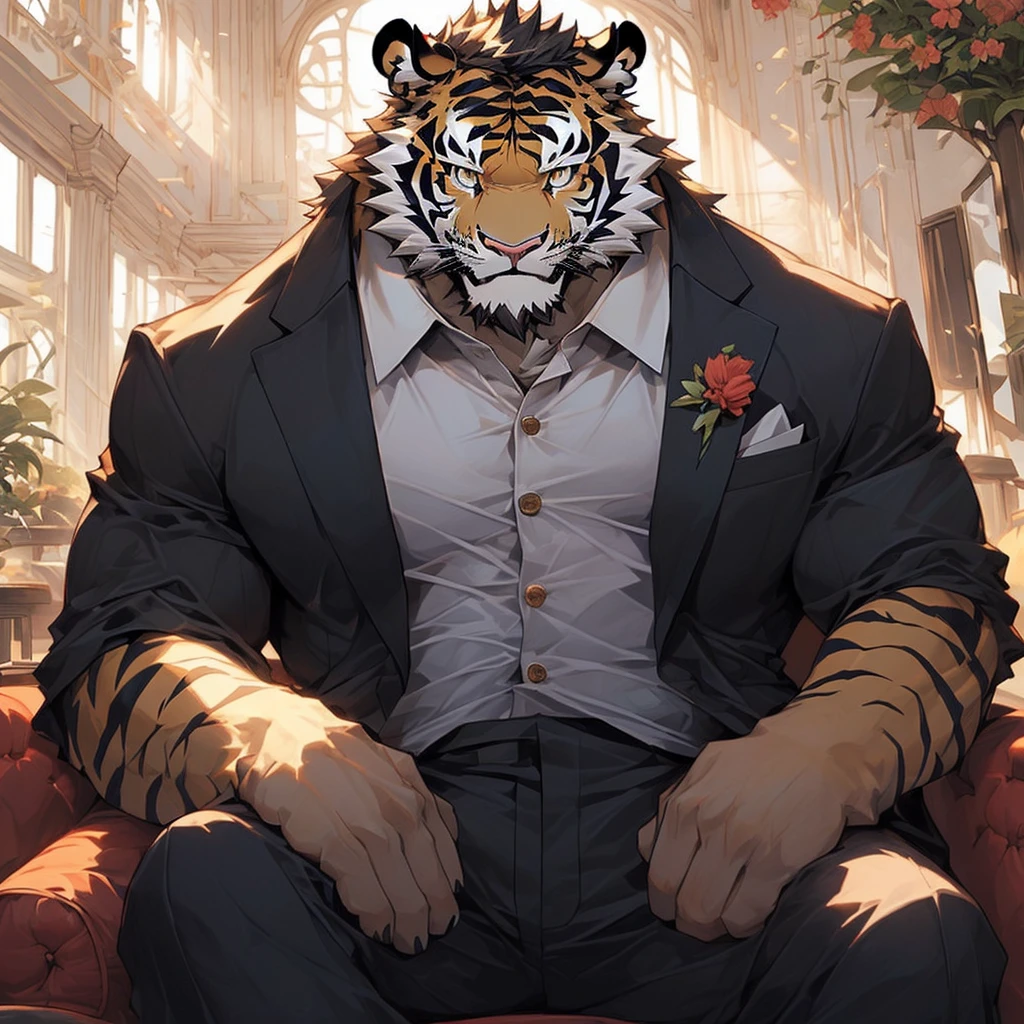 Cartoon character with big chest muscles, anthropomorphic tiger, tiger_beast, Detailed fanart, high resolution committee,,Sitting on the sofa, Detailed and colorful, fat tear, Very detailed!, pov furry art ,(Suit:1.5),yellow fur,(eyes with different pupil colors:1.2),(whole body:2.5),(White beard on chin),(Clothes open:2),(modern white house),)Modern seating),(modern white walls),(furniture),(panoramic)