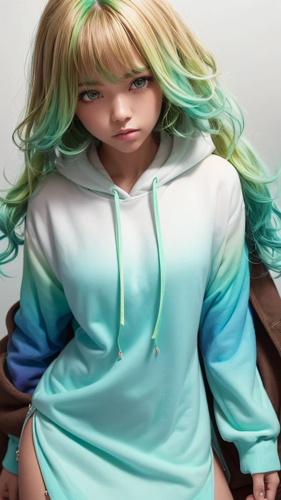 1girl in, Solo, Solo Focus, Cowboy Shot, Portrait, oversized hoodie, Aqua green and white hoodie, Half Aqua, Half Green, ((Brown hair)), (Yellow hair), (Gradient Hair :1.5), Curly hair, ((Pink eyes)), ultradetailed eyes, asa, (Caramel Black Skin:1.1), Best Quality, Ultra-detailed, University Campuses,Classroom,holding a dictionary,