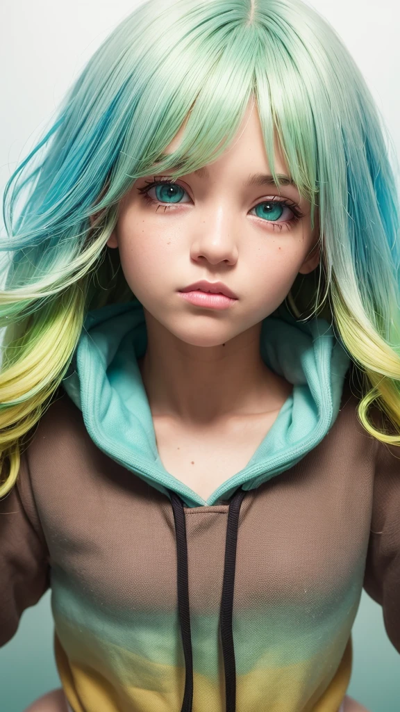 1girl, solo, solo focus, cowboy shot, portrait, oversized hoodie, aqua green and white hoodie, half aqua, half green, ((brown hair)), (yellow hair), (gradient hair :1.5), curly hair, ((pink eyes)), hyperdetailed eyes, tan, (caramel dark skin:1.1), best quality, ultra-detailed, white background, simple background