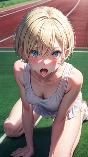 Very detailed image 8k European junior high school girl Beautiful girl Blonde Short hair Small breasts Beautiful legs Blushing Outside track and field Crawling on all fours Composition viewed from above Open mouth wide and sticking out tongue White skin Regretful expression Looking at camera Full body covered in sweat White tank top gesture of dislike