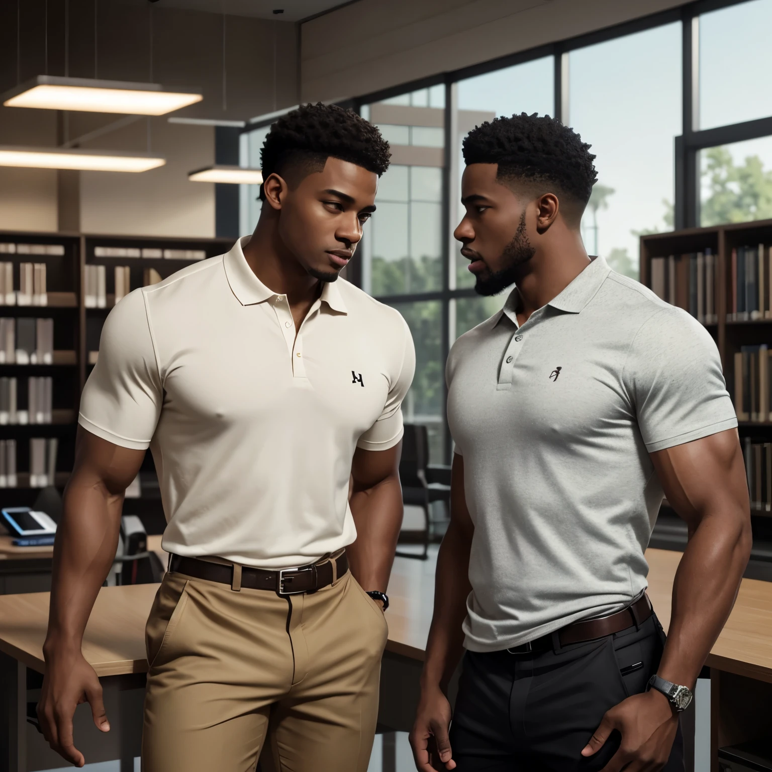 handsome biracial black jock talking to skinny nerdy nerdy skinny black guy in library, high detail, 18 years old, business casual attire, 8k, mystical, magical, ultra hd, realistic, vivid colors, highly detailed, UHD drawing, pen and ink, perfect composition, beautifully detailed intricate insanely detailed octane rendering trending on artstation, 8k artistic photography, photorealistic concept art, soft natural volumetric cinematic perfect light, huge manly bubble butt, muscle butt in khaki pants, highly detailed and perfect face, polo shirt, realistic hands, tucked shirts