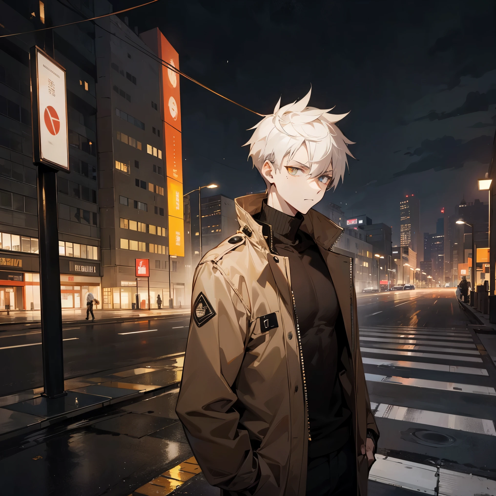 1male , Tired Eyes , Pale Messy Spiky White Hair ,Golden Eyes , Serious Expression ,Grey Turtleneck, Dark Brown Bomber Jacket , Standing sidewalk, Modern City Background , Young Male