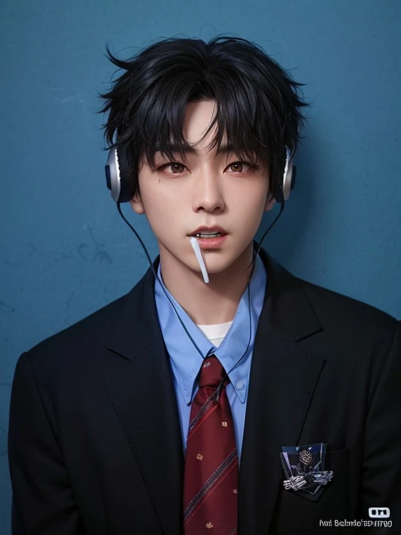 arafed asian man with headphones and a cigarette in his mouth, Hyunjin of stray kids boy band, best quality 