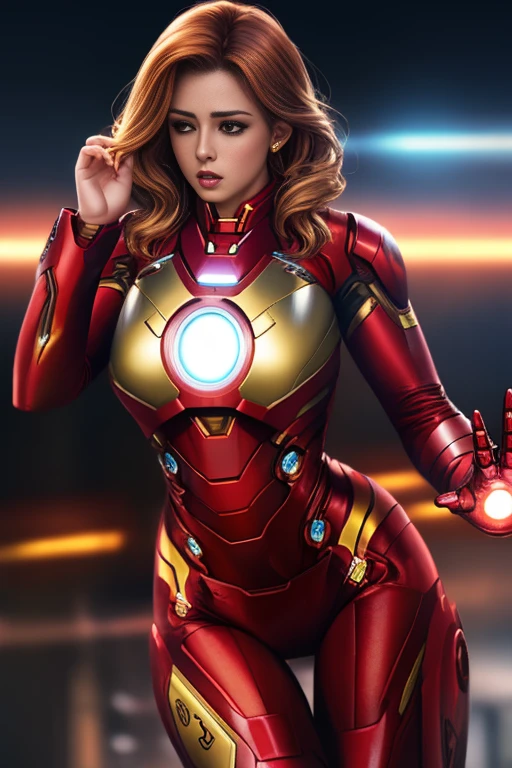 extremely detailed photo of a woman wearing iron man suit, lorachloe, large breasts, wide hips, 8k UHD, RAW photography, action shot