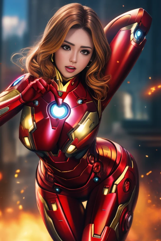 extremely detailed photo of a woman wearing iron man suit, lorachloe, large breasts, wide hips, 8k UHD, RAW photography, action shot