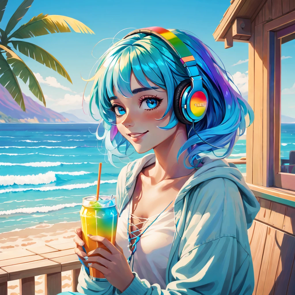 A young woman with tied-up colored Blue cyan aqua hair and eyes resembling a rainbow, listening to calm music on headphones, with a sexy smile, holding a cold drink, dressed in tropical light clothing, in a chalet at a beach. An image that inspires calmness, tranquility, lightness, simplicity, and comfort.