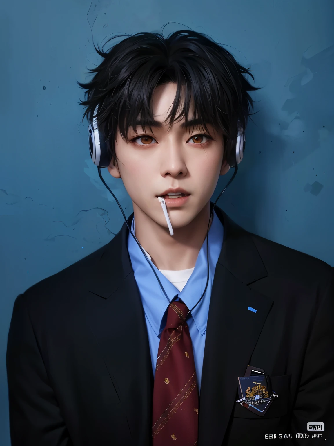 arafed asian man with headphones and a cigarette in his mouth, Hyunjin of stray boy band, best quality