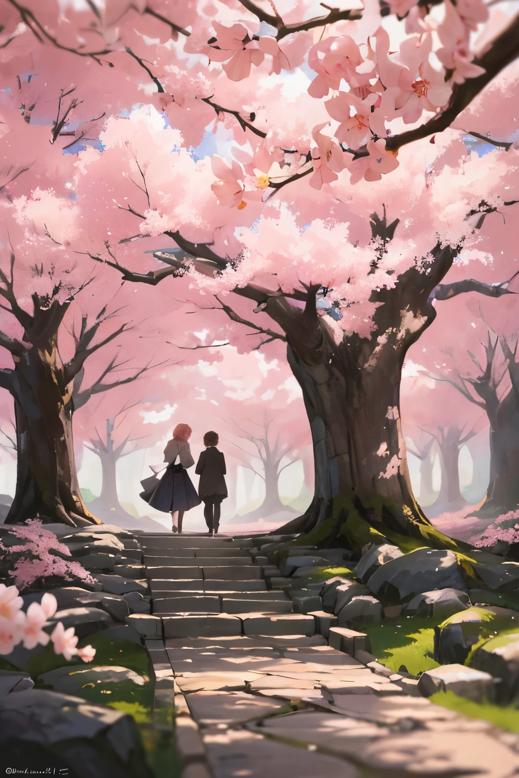 In the soft glow of the dimly lit setting, a tranquil scene unfolds beneath a breathtaking sakura tree. The tree is in full bloom, its delicate pink petals gently dancing in the gentle breeze. People of all ages, dressed in their best spring attire, gather beneath its protective canopy, each one basking in the serene ambiance. Some sit on the grass, absorbed in quiet conversations, while others stroll along the path that encircles the tree. A sense of peace and contentment envelops the area, as if time itself has come to a standstill within this enchanting moment.