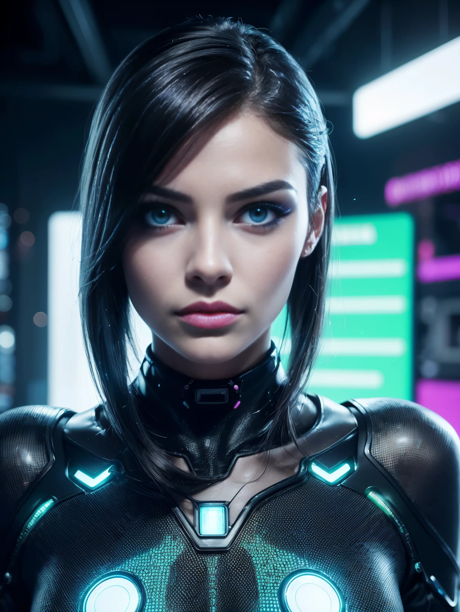 (best quality,4k,highres,masterpiece:1.2),ultra hot,gorgeous European woman ,age 23, blone hair. hacker sitting in front of his futuristic computer, ((hands on keyboard)).photorealistic,UHD,realistic lighting,sharp focus,vivid colors,physically-based rendering,extremely detailed face and outfit,long brown wavy hair,beautiful detailed blue eyes,thin eyebrows and long eyelashes,perfectly contoured nose,full rosy lips,flawless complexion,confident expression,trendy cyberpunk attire with neon accents,cybernetic implants,glowing holographic codes floating around her,sleek and modern computer setup with holographic displays,vibrant and futuristic background,matrix-like green color tones.