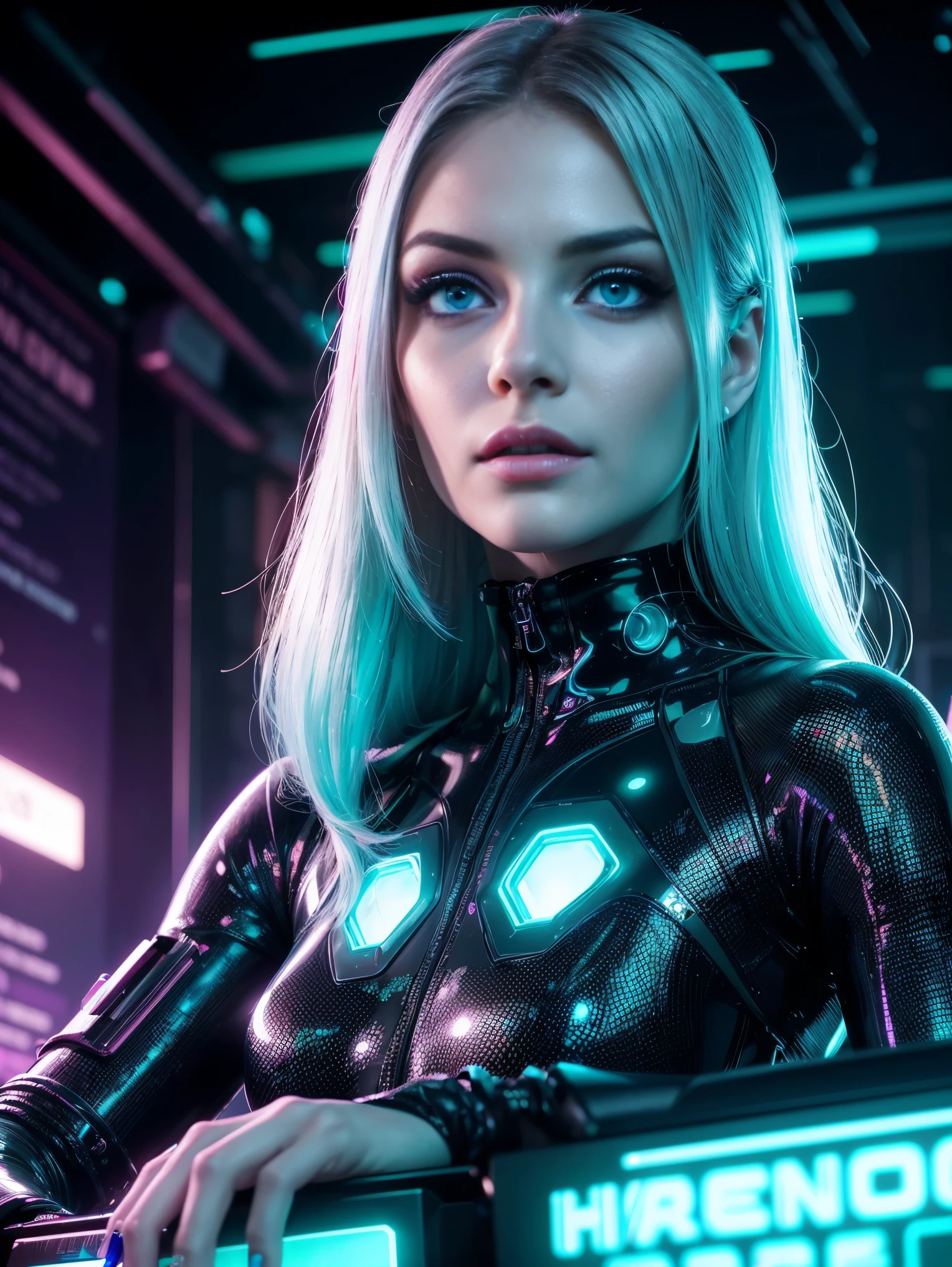 Stunningly beautiful woman, blonde hair and bright blue eyes, facing the camera, FULL face, straight figure, futuristic, at the table, straight face and body, center of the room, window overlooking the city, cyberpunk, neon, hacker, red dress, streamer, bully, gamer