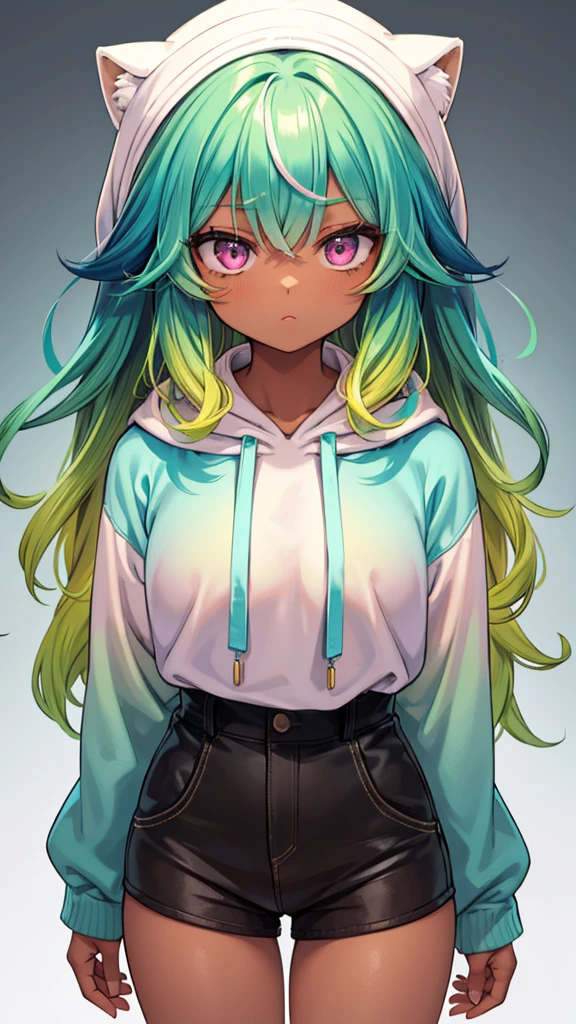 1girl, solo, solo focus, cowboy shot, portrait, oversized hoodie, aqua green and white hoodie, half aqua, half green, ((brown hair)), (yellow hair), (gradient hair :1.5), curly hair, ((pink eyes)), hyperdetailed eyes, tan, (caramel dark skin:1.1), best quality, ultra-detailed, white background, simple background