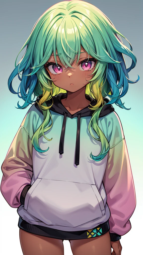 1girl, solo, solo focus, cowboy shot, portrait, oversized hoodie, aqua green and white hoodie, half aqua, half green, ((brown hair)), (yellow hair), (gradient hair :1.5), curly hair, ((pink eyes)), hyperdetailed eyes, tan, (caramel dark skin:1.1), best quality, ultra-detailed, white background, simple background