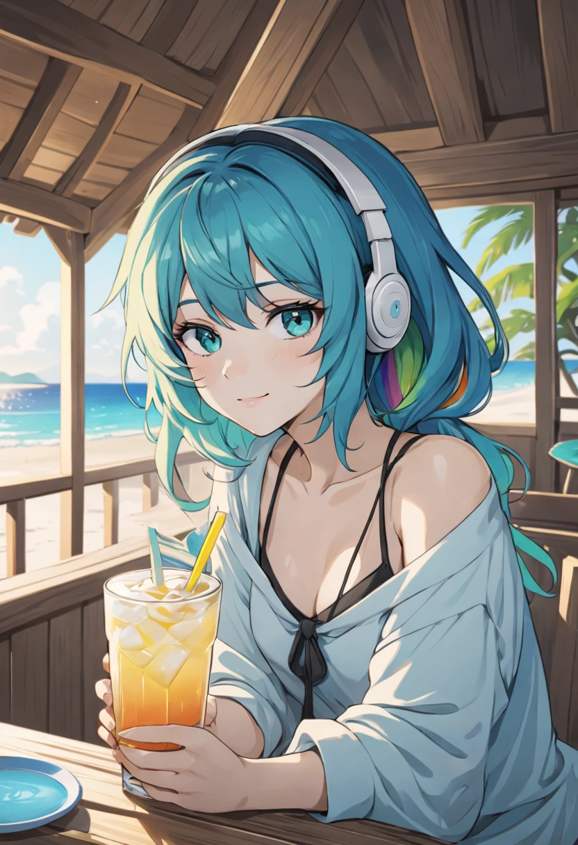 A young woman with tied-up colored Blue cyan aqua hair and eyes resembling a rainbow, listening to calm music on headphones, with a sexy smile, holding a cold drink, dressed in tropical light clothing, in a chalet at a beach. An image that inspires calmness, tranquility, lightness, simplicity, and comfort.