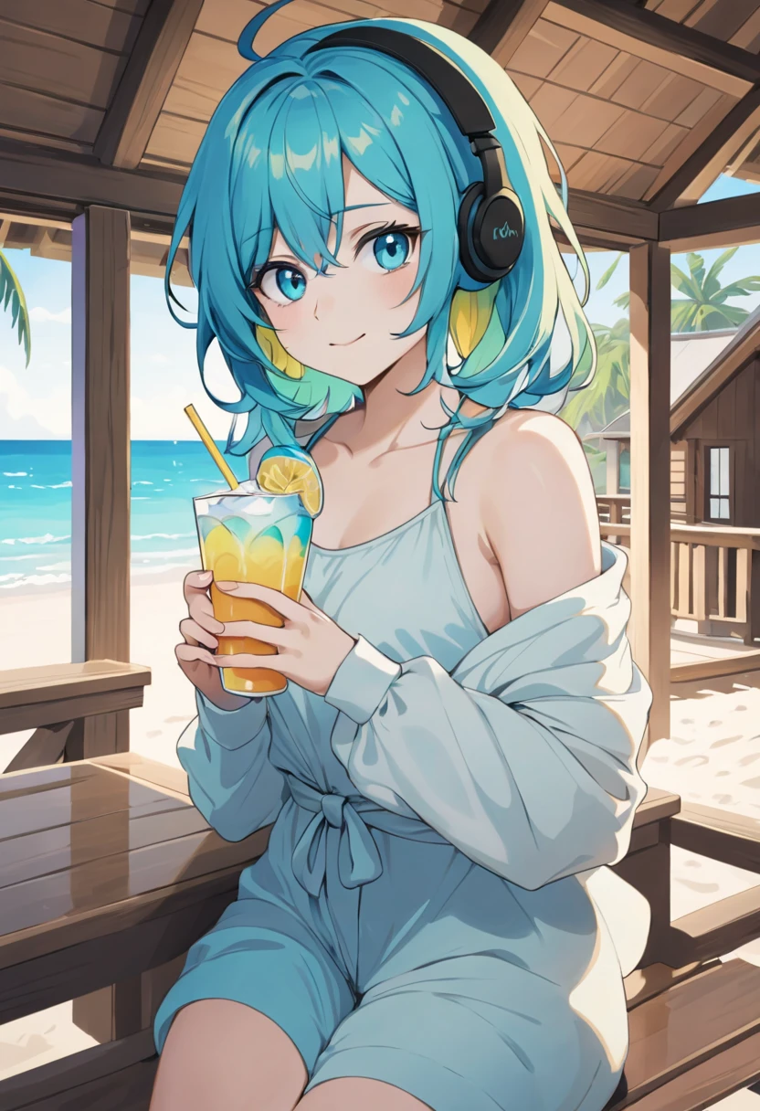 A young woman with tied-up colored Blue cyan aqua hair and eyes resembling a rainbow, listening to calm music on headphones, with a sexy smile, holding a cold drink, dressed in tropical light clothing, in a chalet at a beach. An image that inspires calmness, tranquility, lightness, simplicity, and comfort.