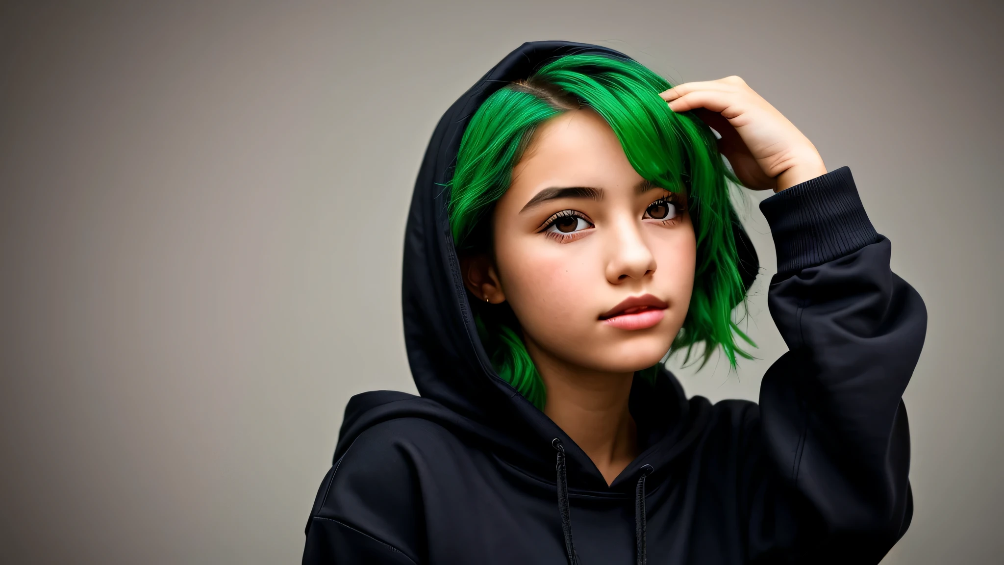 KIDS GIRL green hair in a black hoodie holding her head in her hands, wings of angel, close up portrait photo, gorgeous young model, in a hoodie, portrait black and white portrait, wearing a black hoodie