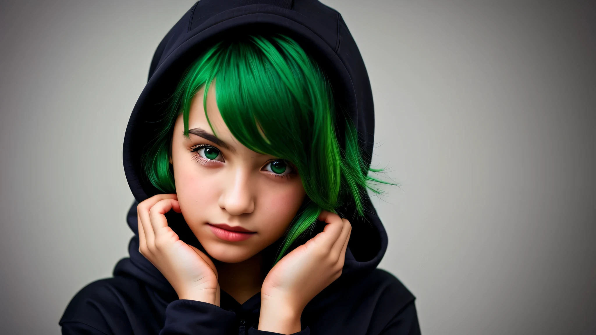KIDS GIRL green hair in a black hoodie holding her head in her hands, wings of angel, close up portrait photo, gorgeous young model, in a hoodie, portrait black and white portrait, wearing a black hoodie
