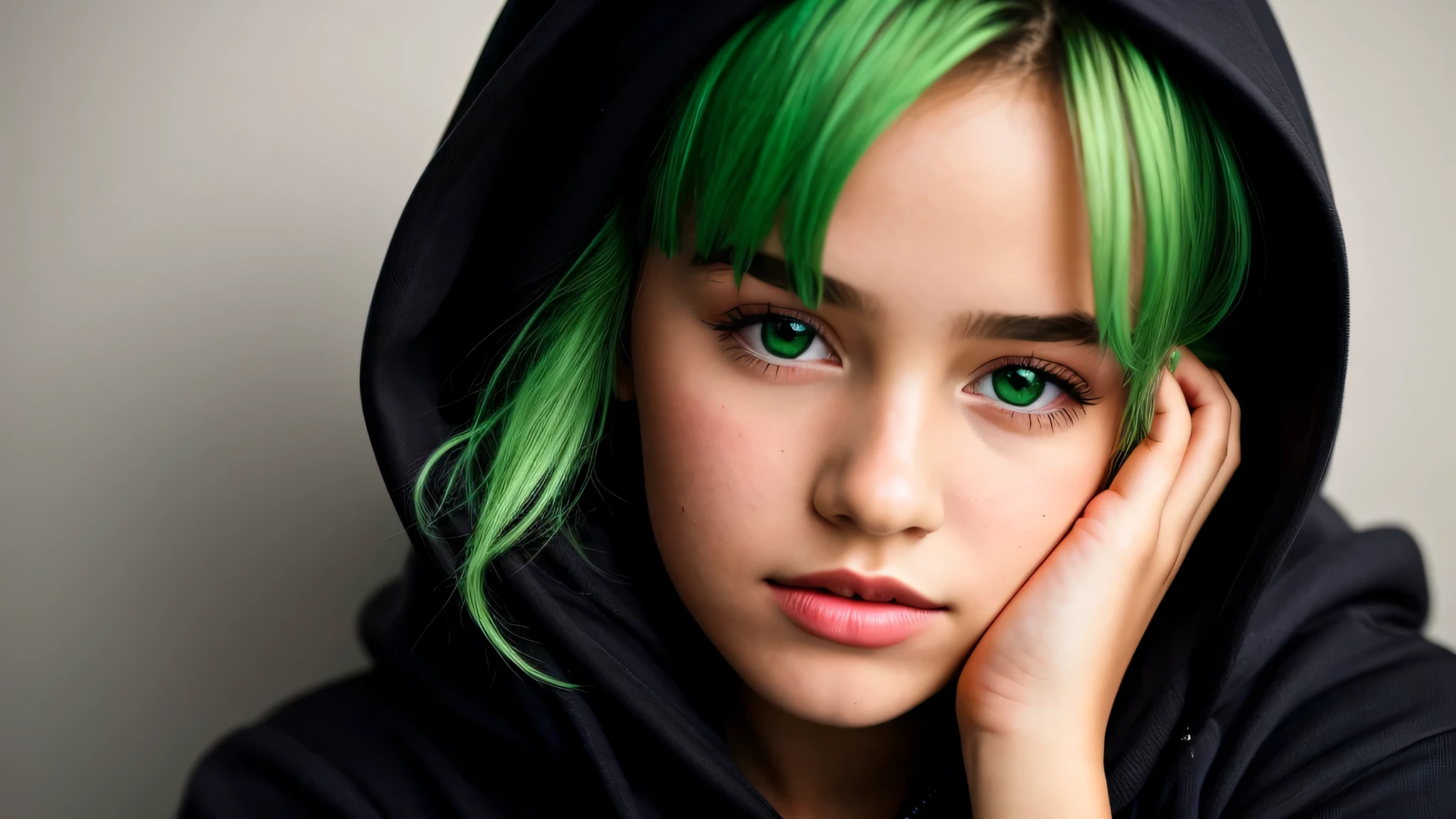 KIDS GIRL green hair in a black hoodie holding her head in her hands, wings of angel, close up portrait photo, gorgeous young model, in a hoodie, portrait black and white portrait, wearing a black hoodie