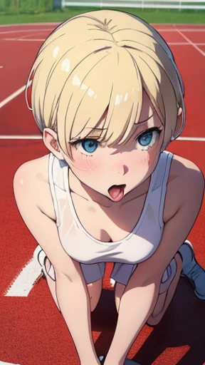 Very detailed image 8k European junior high school girl Beautiful girl Blonde Short hair Small breasts Beautiful legs Blushing Outside track and field Crawling on all fours Composition viewed from above Open mouth wide and sticking out tongue White skin Regretful expression Looking at camera Full body covered in sweat White tank top gesture of dislike