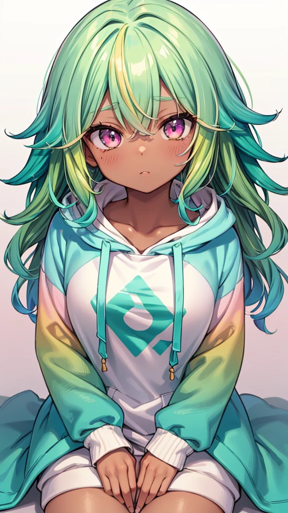 1girl, solo, solo focus, cowboy shot, portrait, oversized hoodie, aqua green and white hoodie, half aqua, half green, ((brown hair)), (yellow hair), (gradient hair :1.5), curly hair, ((pink eyes)), hyperdetailed eyes, tan, (caramel dark skin:1.1), best quality, ultra-detailed, white background, simple background, sitting