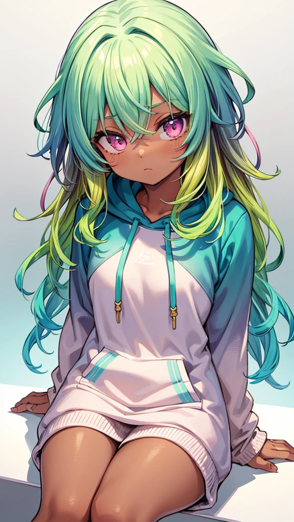 1girl, solo, solo focus, cowboy shot, portrait, oversized hoodie, aqua green and white hoodie, half aqua, half green, ((brown hair)), (yellow hair), (gradient hair :1.5), curly hair, ((pink eyes)), hyperdetailed eyes, tan, (caramel dark skin:1.1), best quality, ultra-detailed, white background, simple background, sitting