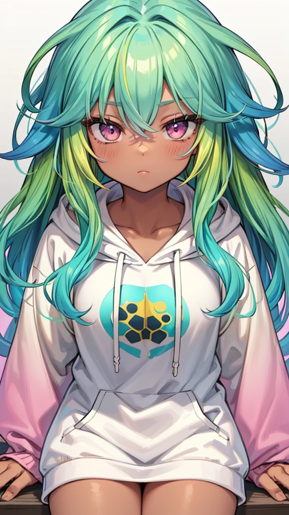 1girl, solo, solo focus, cowboy shot, portrait, oversized hoodie, aqua green and white hoodie, half aqua, half green, ((brown hair)), (yellow hair), (gradient hair :1.5), curly hair, ((pink eyes)), hyperdetailed eyes, tan, (caramel dark skin:1.1), best quality, ultra-detailed, white background, simple background, sitting