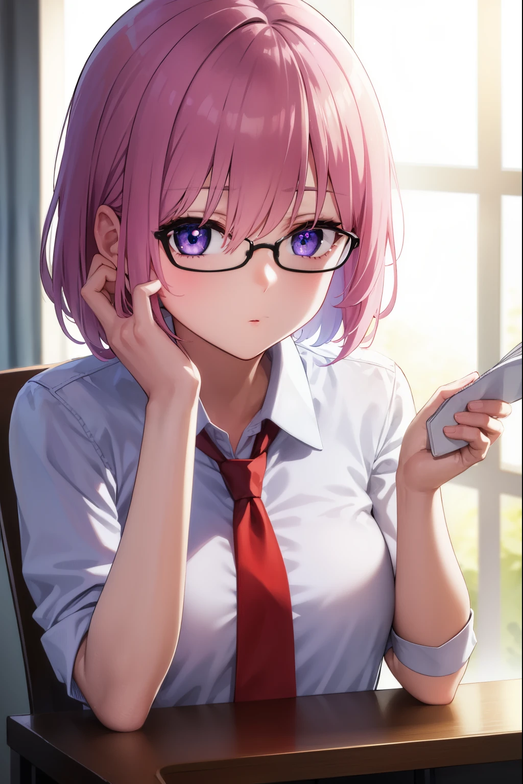 mashkyrielight, mash kyrielight, glasses, hair between eyes, hair over one eye, (purple eyes:1.1), pink hair, short hair,
BREAK hood, shirt, collared shirt, white collar, black shirt, necktie, red necktie, 
BREAK looking at viewer,
BREAK indoors, classroom,
BREAK (masterpiece:1.2), best quality, high resolution, unity 8k wallpaper, (illustration:0.8), (beautiful detailed eyes:1.6), extremely detailed face, perfect lighting, extremely detailed CG, (perfect hands, perfect anatomy),