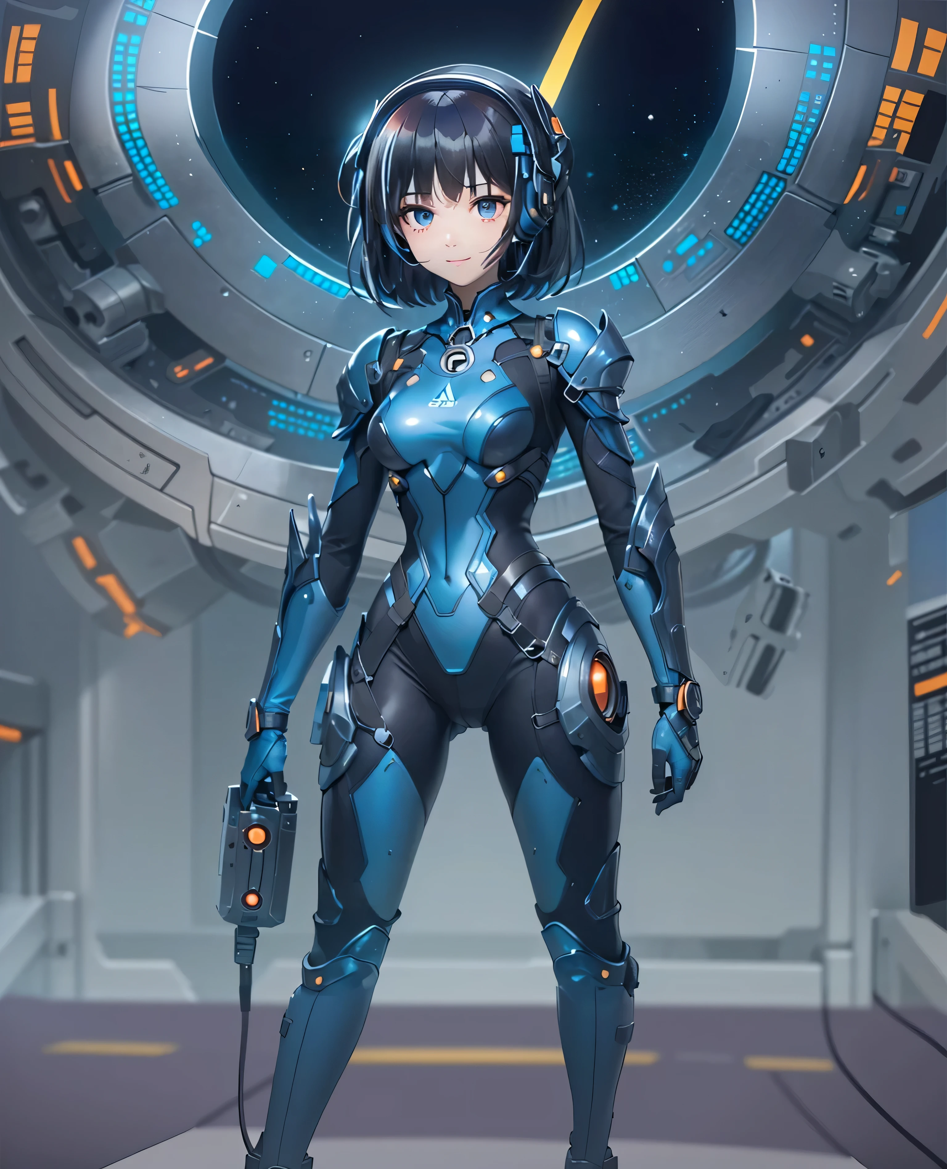navy blue pilot suit、Knee-high boots、simple background:2.0