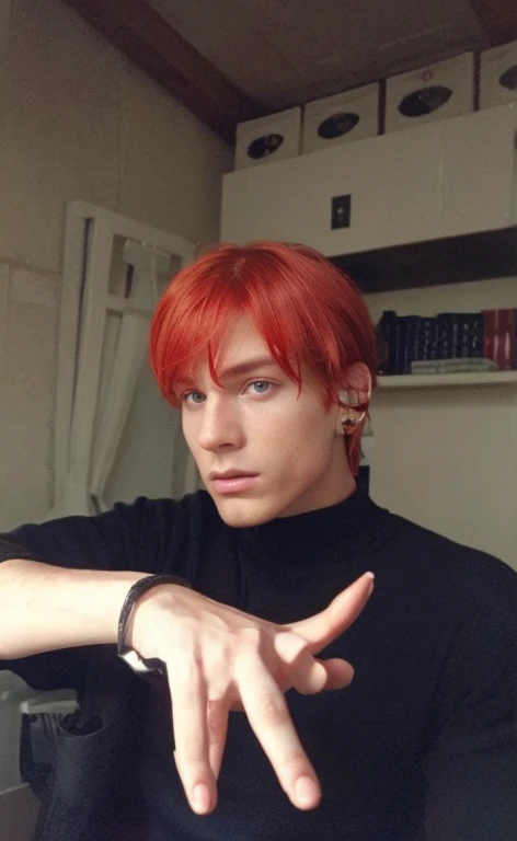 Boy, male, making a distinctive stroke with his fingers, sharp eyes and flowing red hair, high quality.