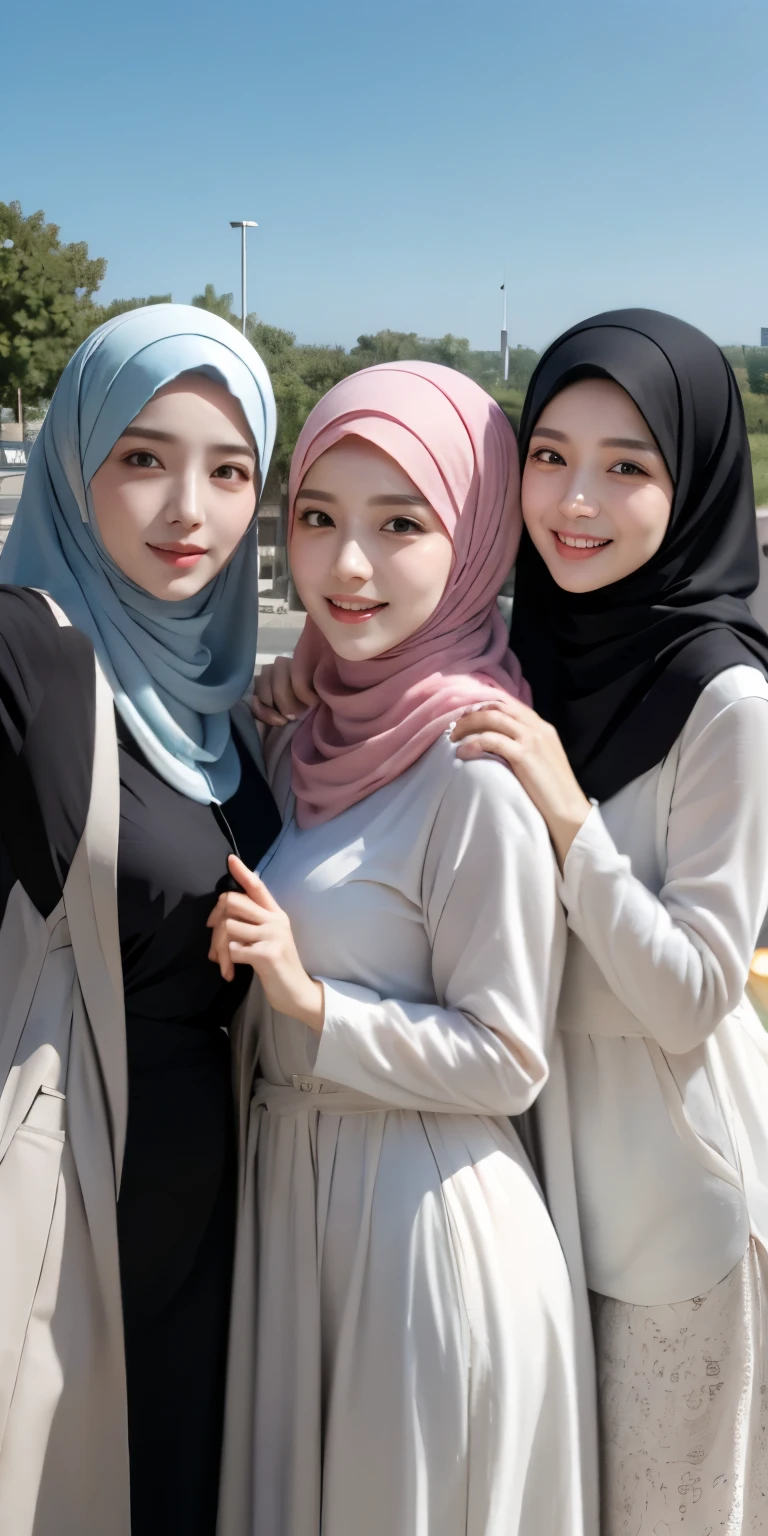 masutepiece, Best Quality, Illustration, Ultra-detailed, finely detail, hight resolution, 8K Wallpaper, Perfect dynamic composition, Multiple people,hijab nude, (3 girls taking photos), Girls holding smartphone cameras, Beautiful detailed eyes, Natural Lip, Wear hijab moslem, Muslim gamis clothing, fancy jubba thobbe, photo full body, view of the blue sky, close-up photo, Girls holding smartphone cameras, show your big tits, people hijab, all the girls were holding big smartphone cameras.