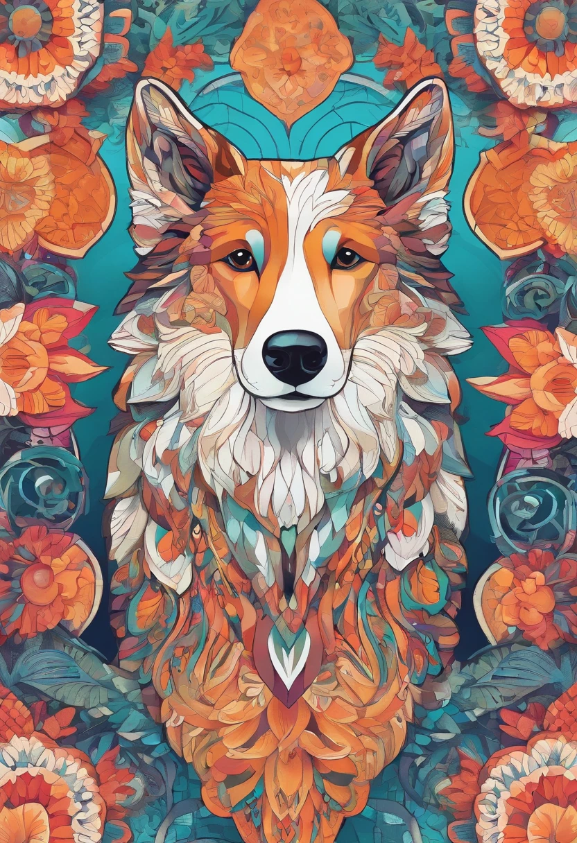 Bright color painting of a mandala with a simple and cute Collie dog motif