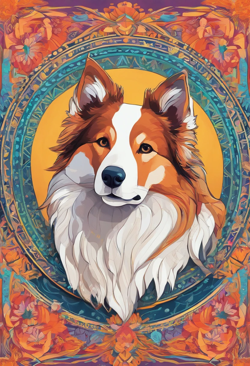 Bright color painting of a mandala with a simple and cute Collie dog motif